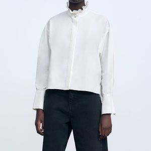 ZARA Jewel Ruffle Neck Victorian Poplin Dress Shirt/Blouse Size M Ecru NEW